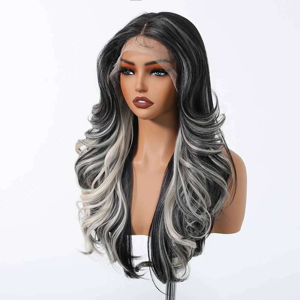HENRY MARGU Long Wavy Synthetic Front Black White Highlight Curly 13*4 Lace Frontal Natural Wig for Women Daily Use