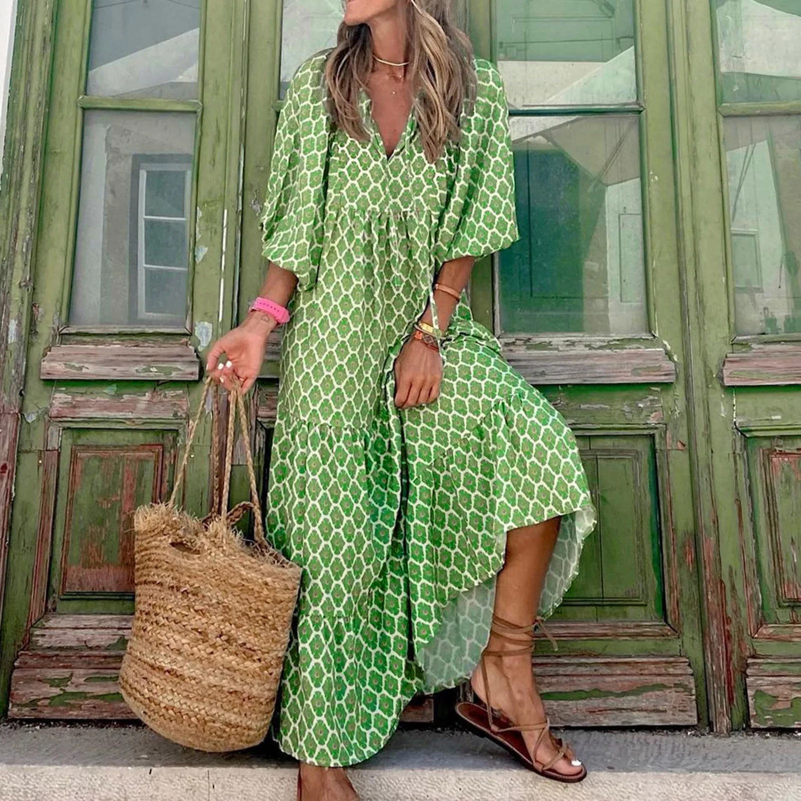 Puff Sleeve Boho Maxi Dress Elegant Women Summer Casual Floral Drawstring V-Neck Loose Holiday Beach Dresses Party Vestidos 250704