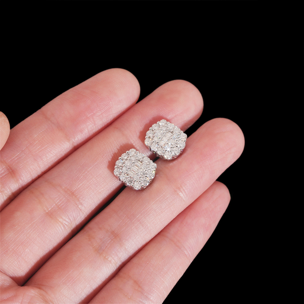 Pass Diamond Tester GRA Certified Fully Iced Out Hip Hop 925 Silver Jewelry Baguette Moissanite Stud Earrings