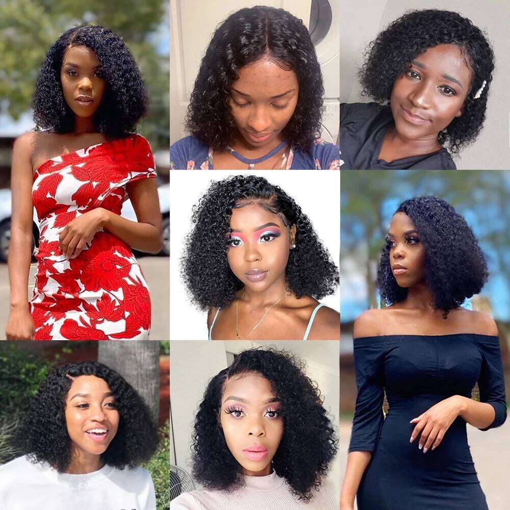 Short 8 to 16 Inch Kinky Wig Pre Plucked T Part Lace Peruvian Curly Human Hair Bob Wigs For Women and Girls