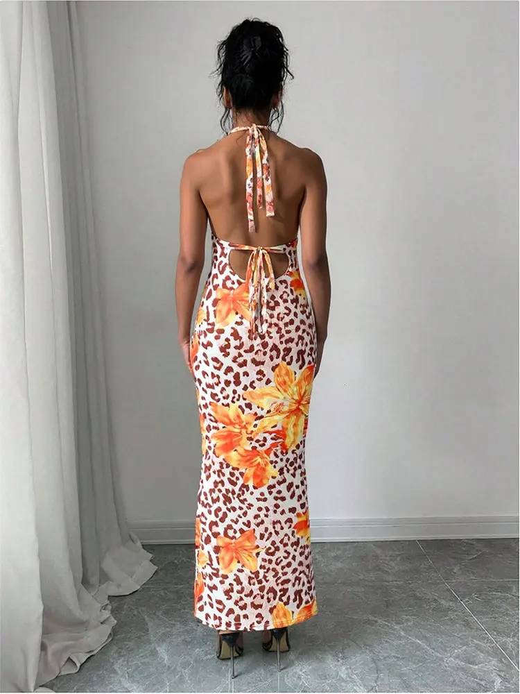 Womens Clothing Dress Summer Sexy Backless Print Leopard VNeck Dresses Streetwear Fashion Halter LaceUp Clothing 250704