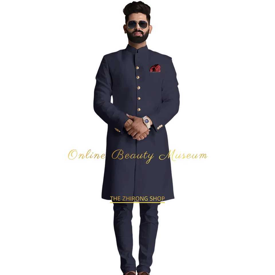 Indian and Arabian Style Mens 2-piece Suit | Long Coat with Golden Buttons | Traditional Wedding Wear | Perfect for Groom X250704