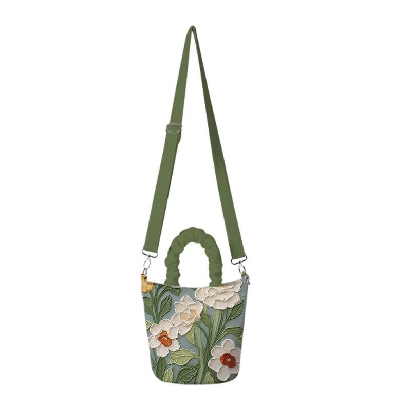 Free Shipping Designer High-end Ten Font Pleated Hand-held Bucket Bag For Women, Korean Version Illustration Art For Women, Watercolor Creativity
