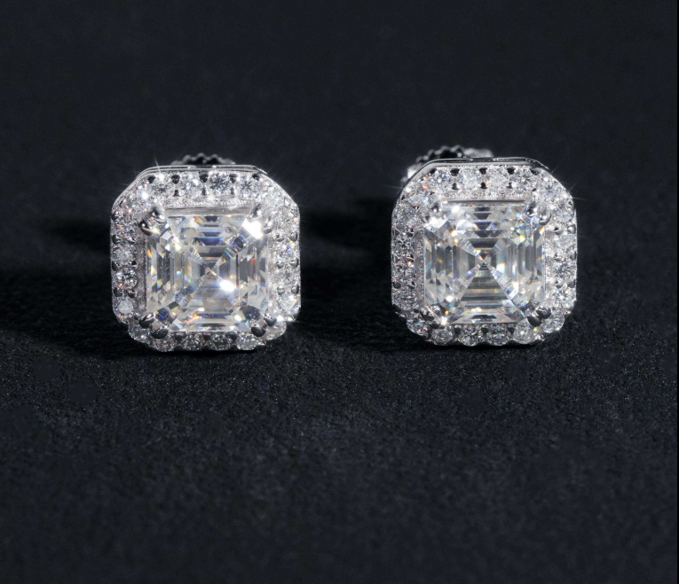 New Style Fine High Quality Asscher Cut Moissanite Stud Earrings 925 Silver Hip Hop Iced Out VVS Halo Moissanite Earrings