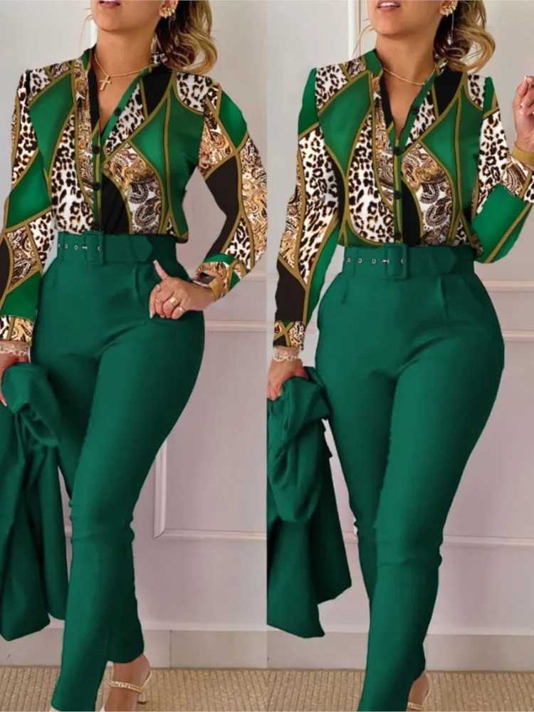 Elegant Women Printed Two Piece Suit Sets Spring Autumn V Neck Long Slve Shirt Top Long Pants Set With Belt Workwear Outfits X250704