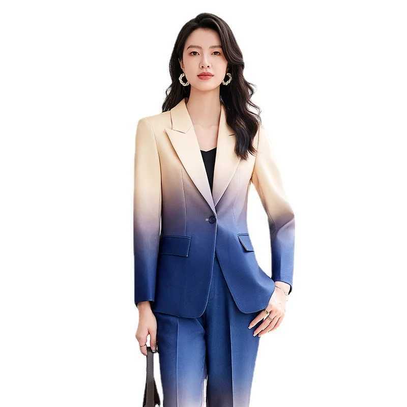 HIGH STRT Newest Fashion 2024 Designer Suit Set Womens Gradient Color Printed Single Button Blazer Flare Pants Suit X250704
