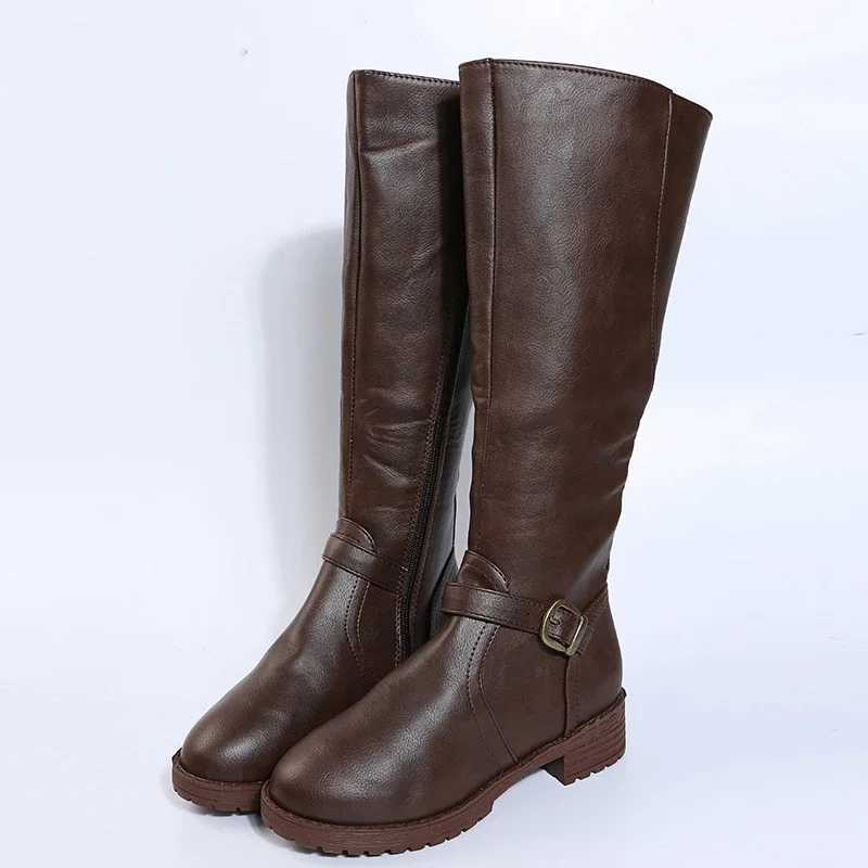 Vintage Brown Women Knee High Boots Big Size Low Heels Platform Long Boots Autumn Winter Pu Leather Zip Women Warm Booties Z250704
