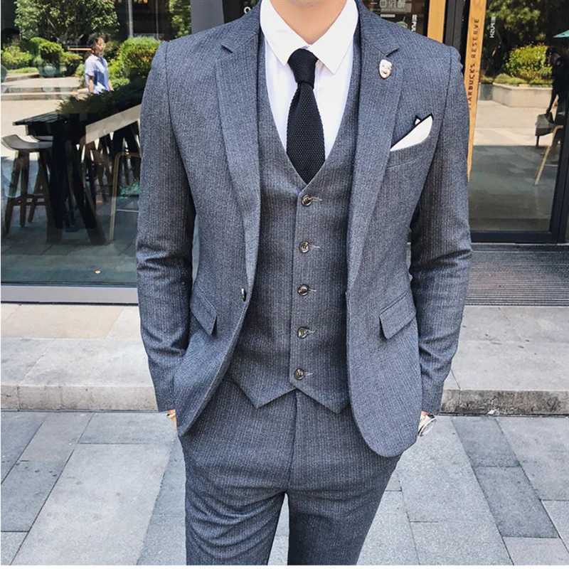 Autumn and Winter New Men Business Striped Suits Black / Blue / Gray Male Wedding Banquet Party Jacket and Pants with Vest X250704
