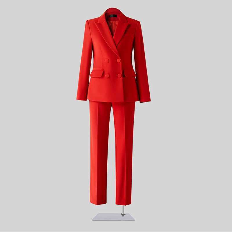 ZJYT Autumn Business Chic Double Breasted Blazer Suit Pant Sets Two Piece Womens Outfit Office Lady Work Wear Trousers Set Red X250704