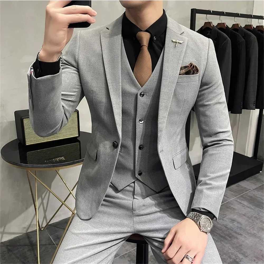 High-end Boutique Fashion Solid Color Mens Casual Business Suit 3-Piece Set Groom Wedding Dress (Jacket + Vest + Pants) X250704