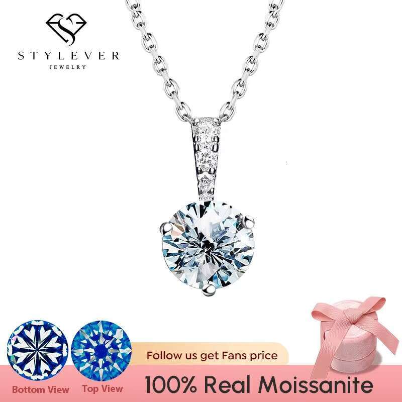 Stylever Real 1 Ct Round Moissanite Diamond Gemstone Pendant Necklace for Women 925 Sterling Silver Engagement Jewelry Gifts
