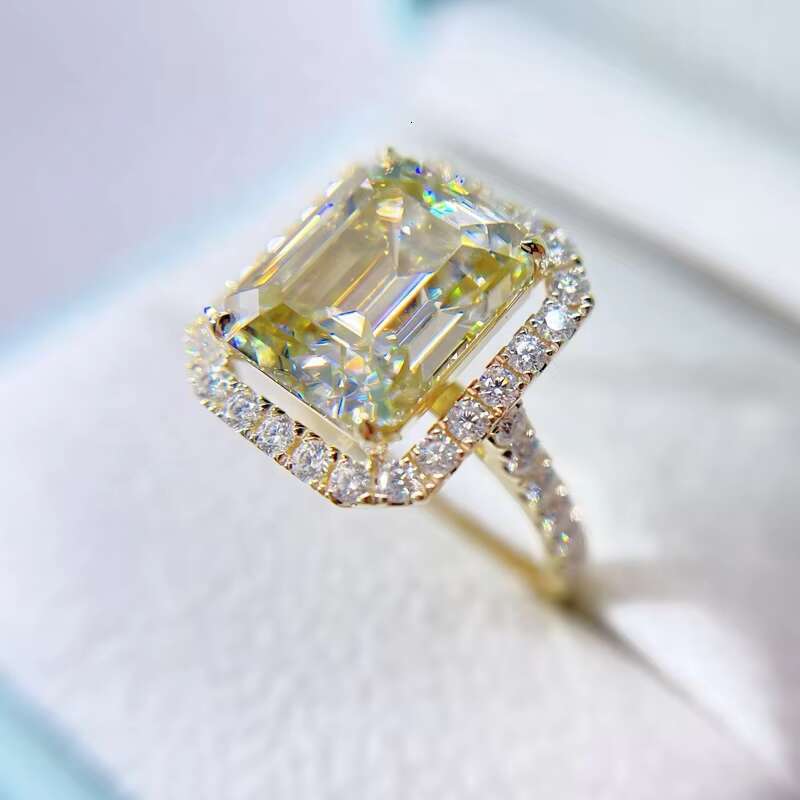 Classic Design Emerald Cut Yellow Canary Gold Moissanite Engagement Ring 10K Solid Gold