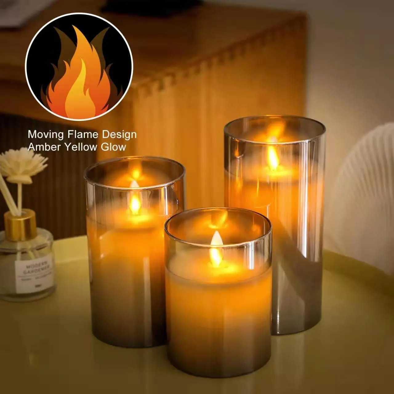 USB Rechargeable LED Flameless Pillar Candle Set Flickering Moving Wick Paraffin Real Wax Remote Controlled with Timer - Gray Glass W250704