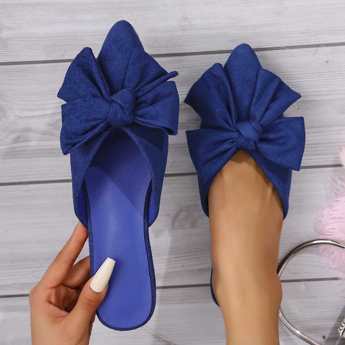 Women Bow Flats Slippers Summer Square Toe Closed Toe Sandals Non Slip Beach Shoes Big Size Pointed Toe Slippers Women Slides Women W250704
