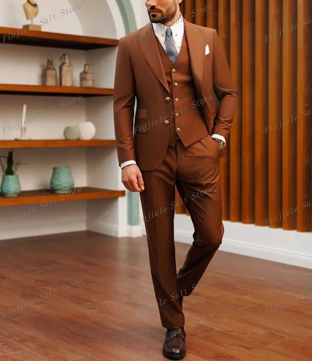 Brown Business Suit Men Tuxedos Groom Groomsman Prom Wedding Party Formal 3 Piece Set Jacket Vest Pants B48 X250704