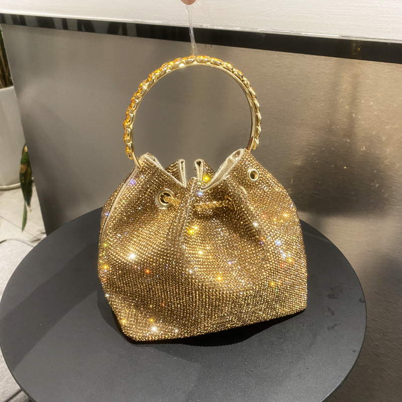 2025 Designer's New Cross-border Women's Rhinestone Bag, Round Handle Bucket Bag, Handbag, Shoulder Bag, Integrated Chain Small Bag, Inlaid 