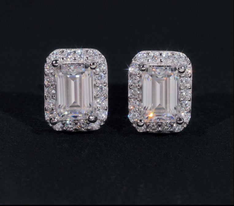 New Arrival Hip Hop Design Iced Out Emerald Cut Moissanite Stud Earrings Men Fine Sterling Silver Earrings Jewelry