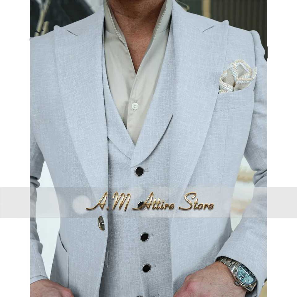 3 PCS Mens Wedding Suit Gray Thin Linen Peak Lapel Blazer Vest Pants Set for Groom Wedding Prom Summer Party Custom Tuxedo X250704