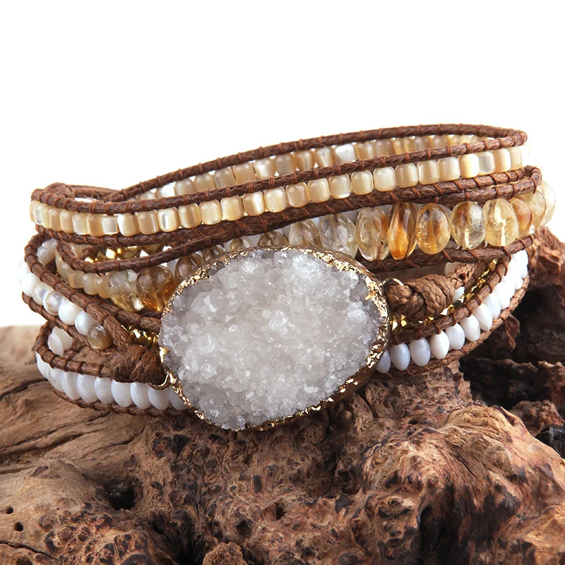 RH Fashion Boho Jewelry Beaded Bracelet Big Druzy Stone Charm 5 Strands Wrap Bracelets 250628