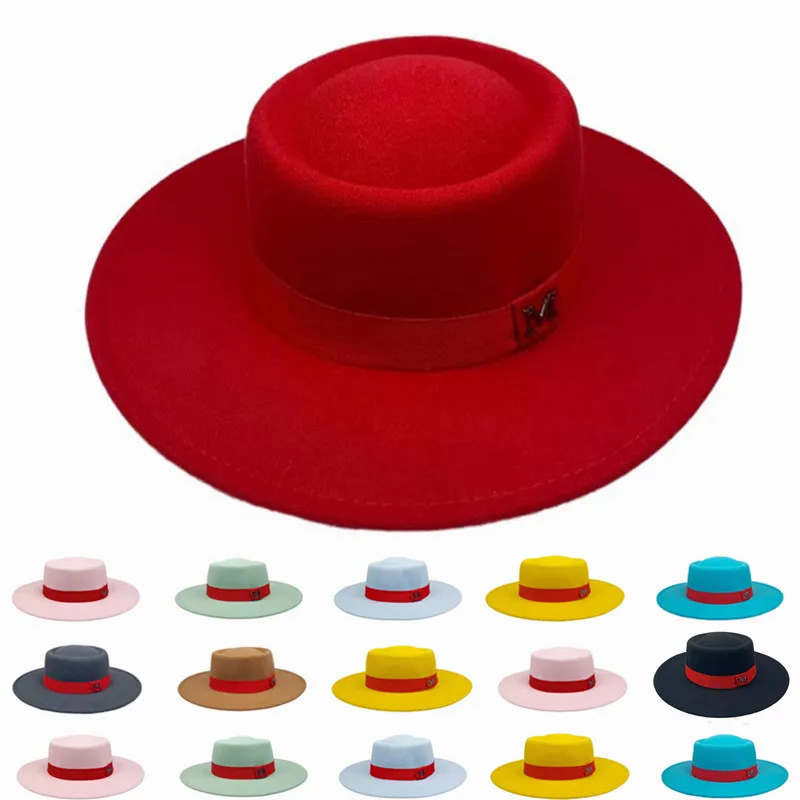 Winter Women Red Wool Felt Fedora Hat 8CM Wide Brim ladies elegant retro style British jazz hat Panama Hat 250701