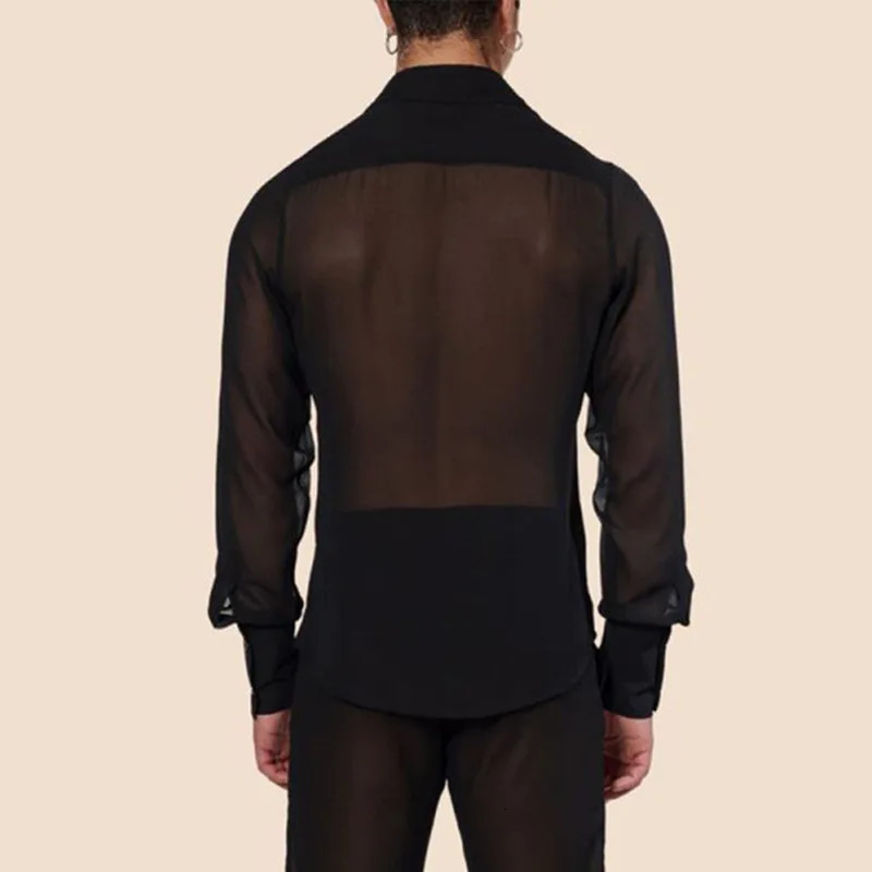 Mens Clothing Mesh See Through Mesh Sexy Long Sleeve Shirt Solid Color Button-down Vintage Streetwear Retro Party Tops S-XL 250704