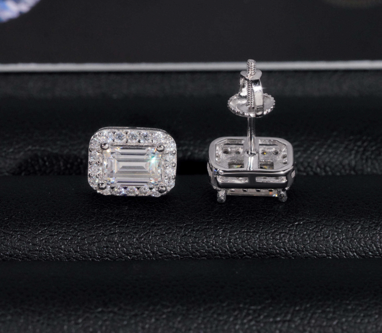 New Arrival Hip Hop Design Iced Out Emerald Cut Moissanite Stud Earrings Men Fine Sterling Silver Earrings Jewelry