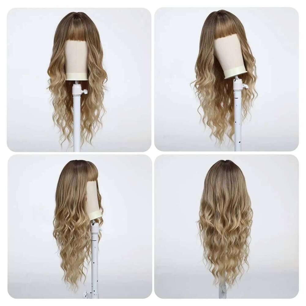 Ombre Synthetic Long Wavy Wig with Fluffy Bangs Women Natural Hair Brown Blonde Highlight Wigs for Daily Cosplay Use