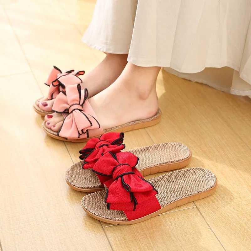 Women Summer Casual Slides Comfortable Flax Slippers Striped Bow Linen Flip Flops Platform Sandals Ladies Indoor Shoes W250704