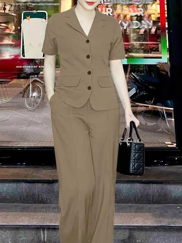 ZANZEA 2024 Elegant Women OL Work Pants Sets 2PCS Summer Fashion Short Slve Shirt Wide Leg Trousers Suits Solid Tracksuit X250704
