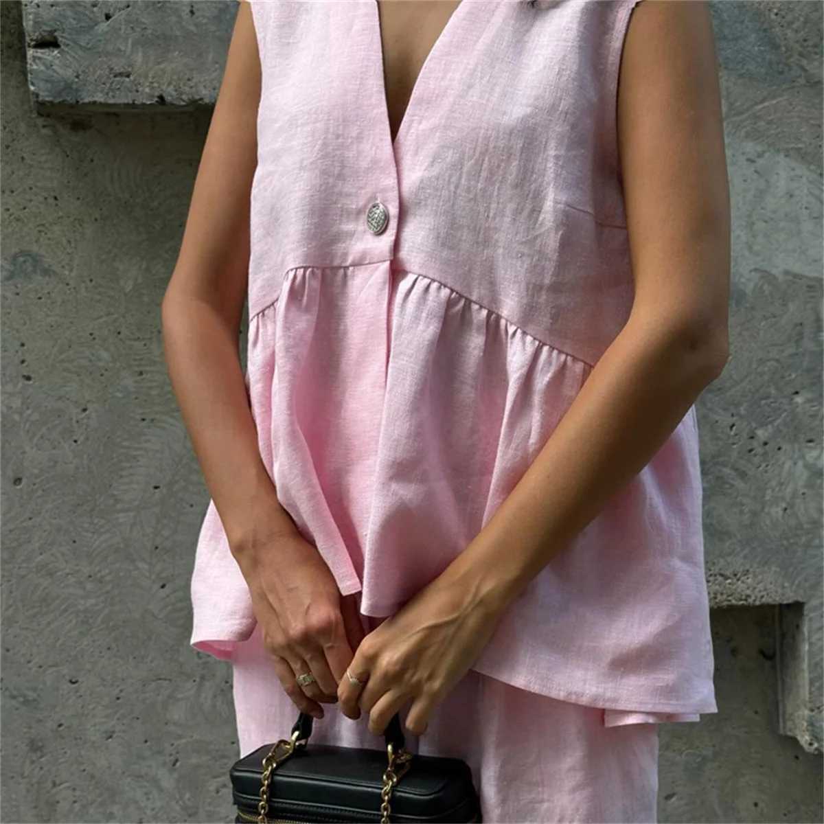 Fashion 2 Piece Set Women Summer Chic Elegant Outfit Single Breasted Slveless Ruffles Tank Top Loose Wide-leg Pants Sets X250704