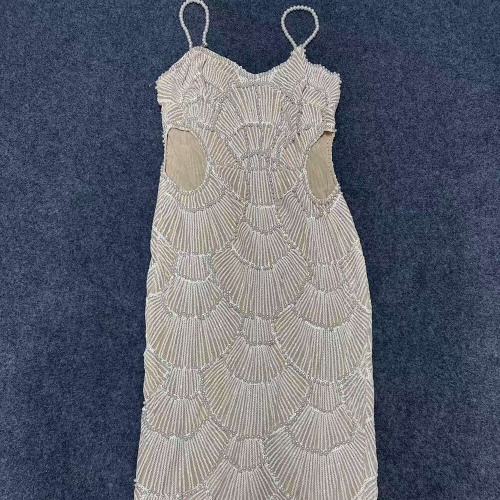 White Skirt Maxi Skirt Exquisite Sequin Beaded Mid Waist Hollow Out Strap Dress Socialite Birthday Party Evening Gown Long Skirt