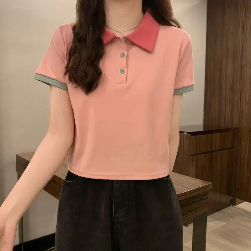 Slim Polo Neck T Shirt for Women Summer Outfit Woman Tshirt Womens Short Sleeve T-shirt Korean Clothing Polyester Trend 2025 In 250625
