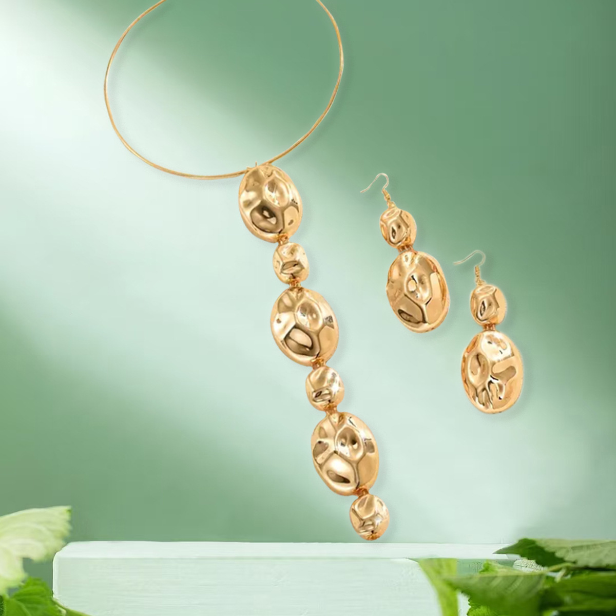 Oval Irregular Geometric Necklace and Earring Unique Metal Temperament Collarbone Choker Set Patchwork