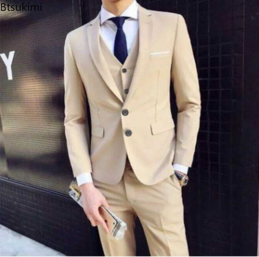 New Mens Fashion Korean Slim Suits Sets Solid Blazer Jacket+Vest+Pants Three Pieces Sets Men Business Wedding Groom Blazer Sets X250704