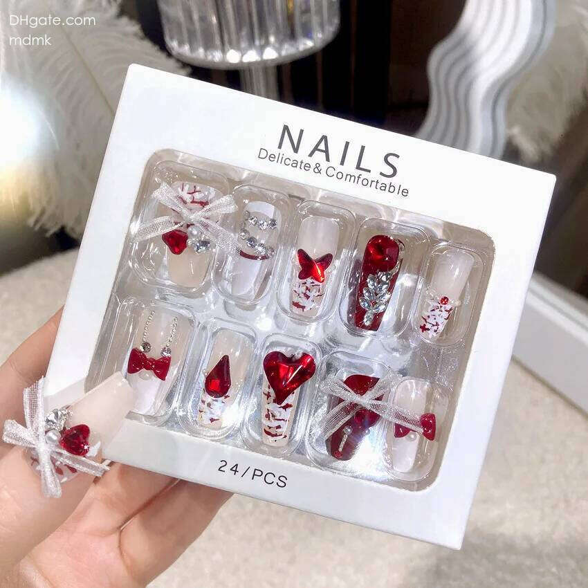 24Pcs Lace Bow Press-on Valentine's Day Dia Pearl Red Heart False Nails New Al Wear Nail for Women and Girls X250704
