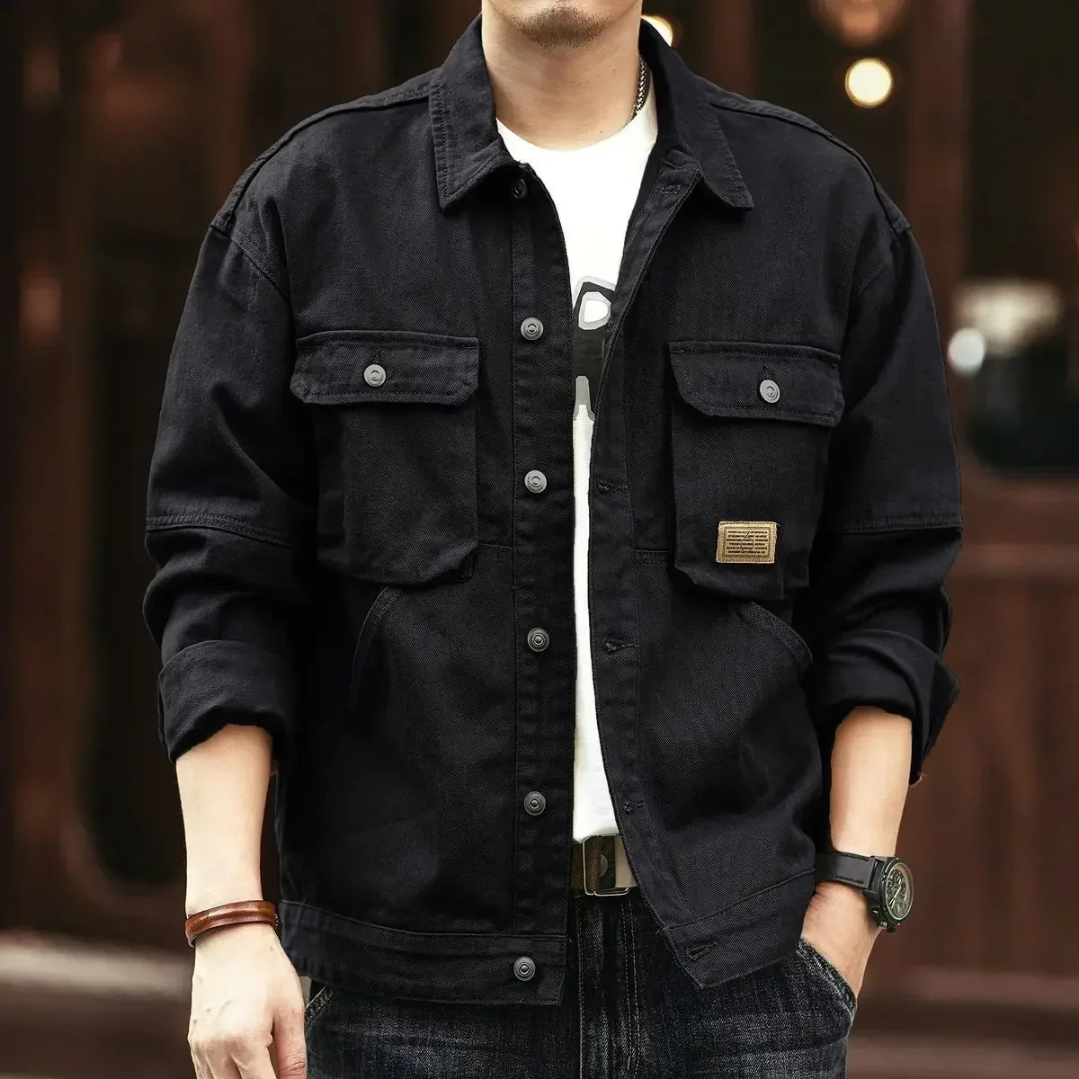Cowboy Coat for Men Button Autumn Loose In Denim Jackets Man Size L Japanese Retro Fashion Cowgirl Elatic Low Cost Clothing 250704