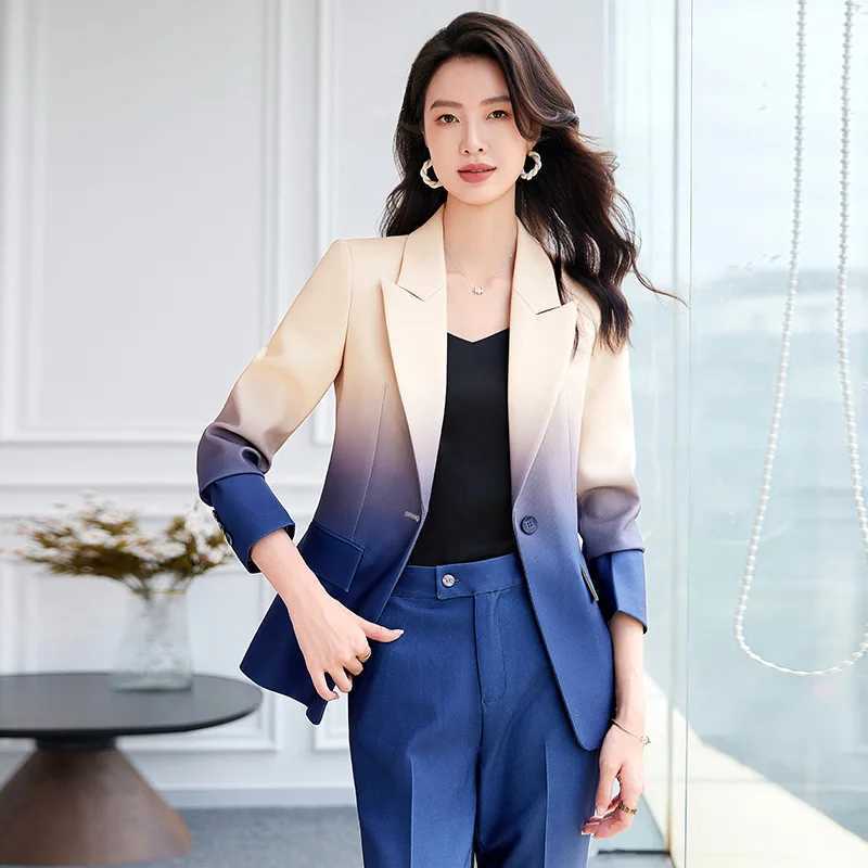 HIGH STRT Newest Fashion 2024 Designer Suit Set Womens Gradient Color Printed Single Button Blazer Flare Pants Suit X250704