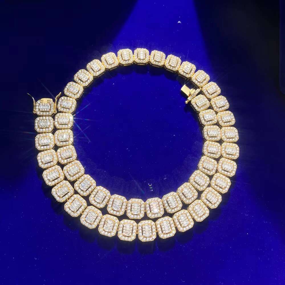925 Sterling Silver Cz Baguette Paved Hip Hop Cluster Link Square Tennis Chain Necklace for Men