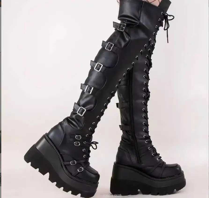 Fashion High Boots Women Platform Wedges Motorcycle Boot Over The Knee Army Stripper Heels Black Lace-up Belt Long Boots Z250704