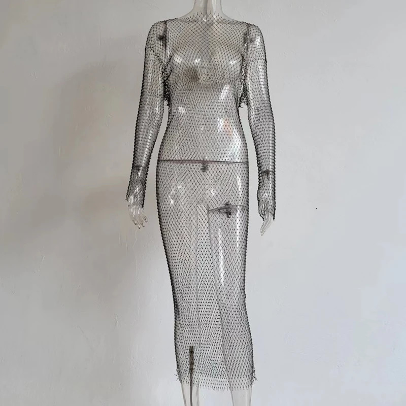 Wholesale Shiny Rhinestones Sequin Fishnet Women Mini Dress Sexy Long Sleeve Mesh Hollow Out Transparent Party Clubwear Dresses 250704