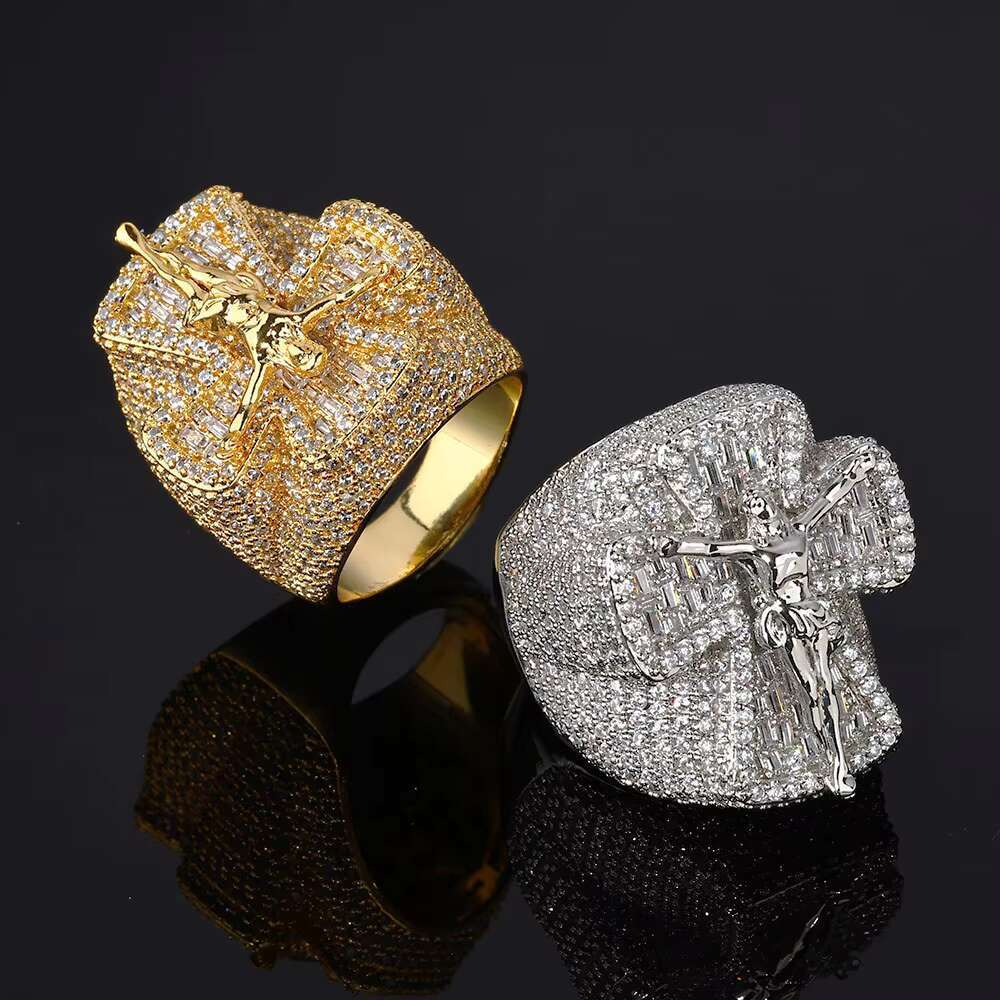 Jewelry Hip Hop Iced Out Diamond Ring for Men Women Bling Moissanite Stone White Gold Plated Jesus Cross Ring Trendy Jewelry