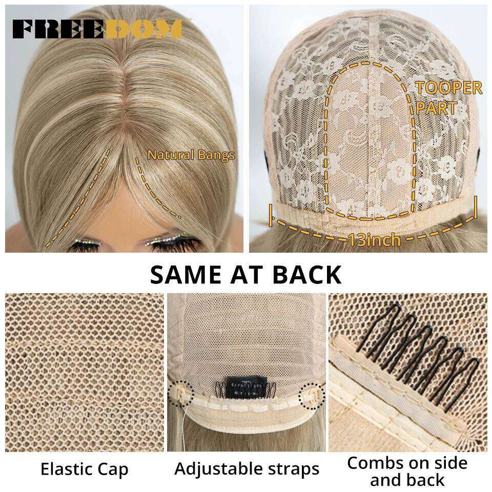 FREEDOM Synthetic Straight Bob with Bangs 16 Inch Ombre Brown Blonde Wigs for Women Heat Resistant Wig Cosplay Lolita Hair