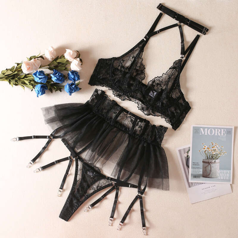 Sexy Lingerie Women's New Embroidered Black Bra Sheer Mesh Skirt Garter Belt Sexy Lingerie Set Women Lingerie