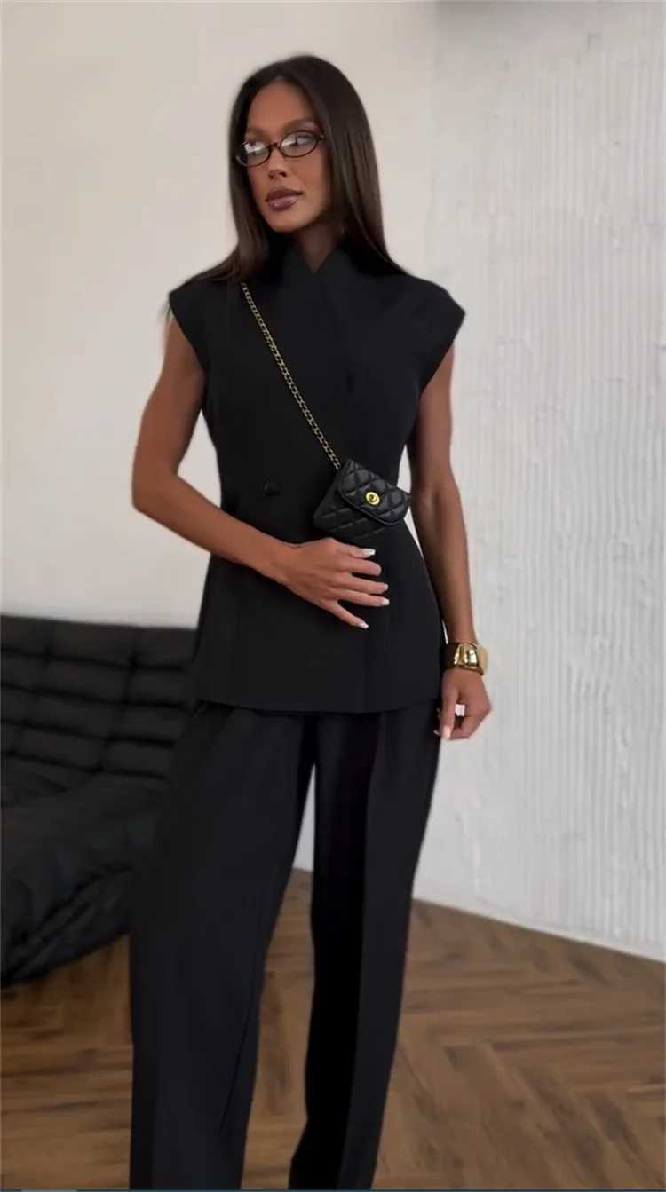 DriftWear 2025 Summer Double Breasted Waisted Vest Top High Waisted Pants Set 2pcs Set Slveless Vest Tops Wide Leg Pant Suits X250704