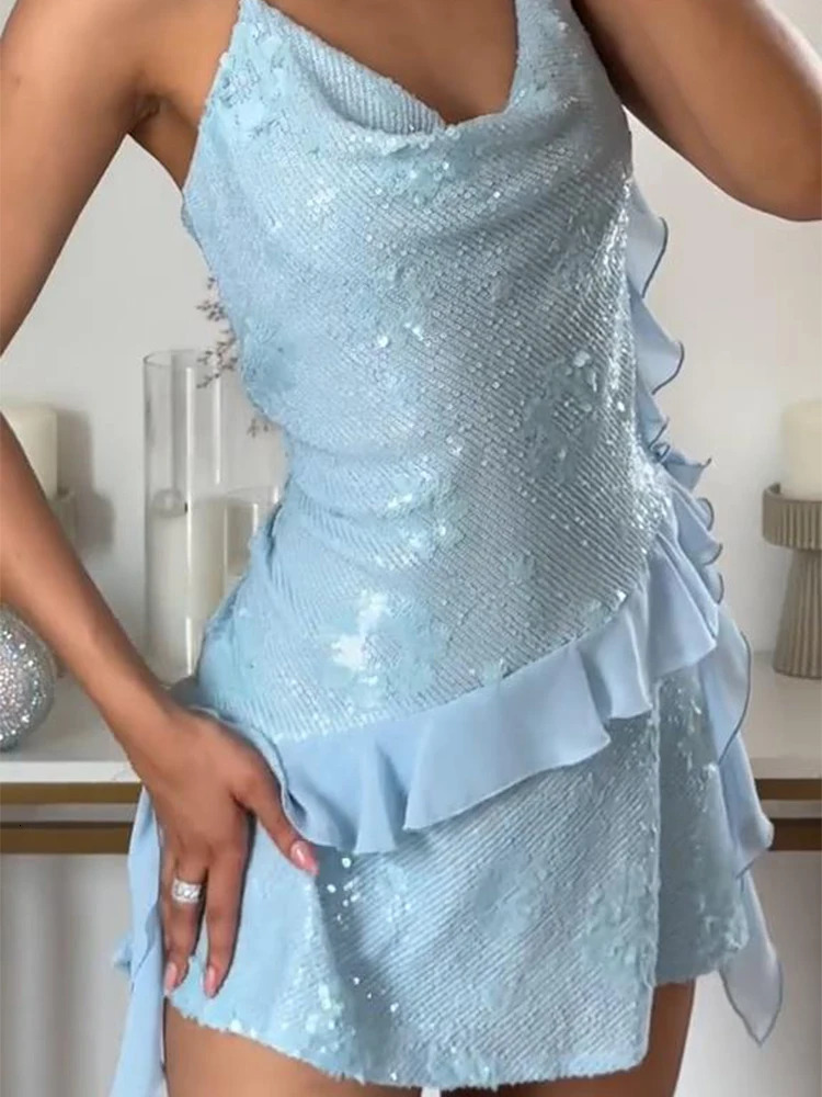 Sexy Sequined Ruffles Short Dress Women Fashion Sleeveless Backless Party Club Banquet Dresses Female Summer Lady Y2K Dresses 250704