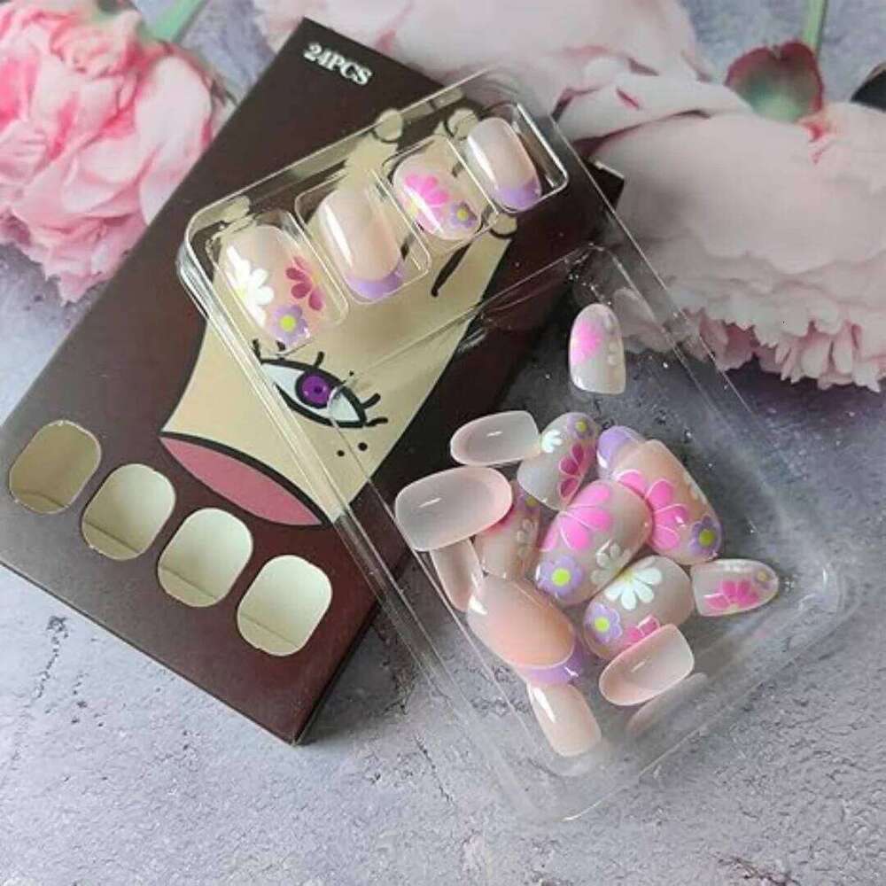 24Pcs Short Al Press-On Pink Floral French Tip Glossy&Elegant Full Cover Fake Nails for Women&Girls Spring,Daily Wear X250704