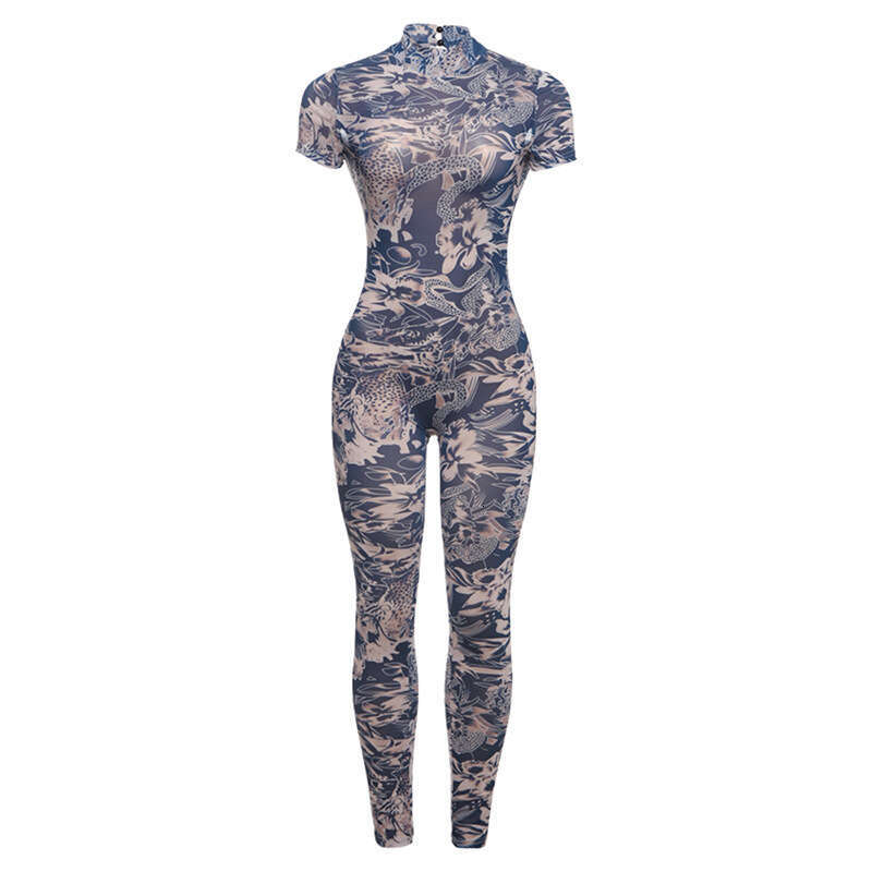 European and American Style Summer Women's Sexy Backless Printed Sheer Mesh Jumpsuit 2025 New Casual Fashion Trendy Clothing