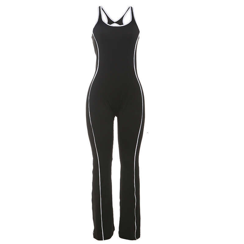 European and American Summer Fashion Backless Slim Fit Color Block Hip-lifting Yoga Casual Jumpsuit for Women 2025 New Elegant Unique Clothing