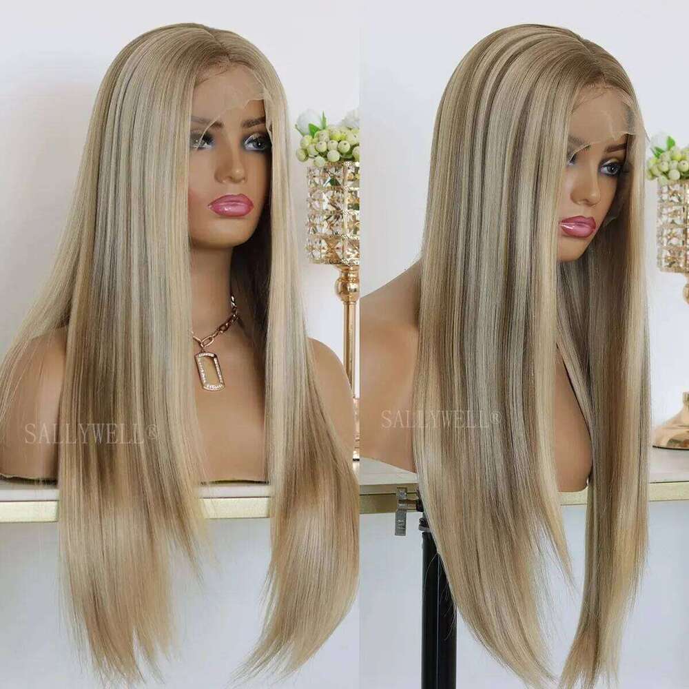 Highlight 13x4 Front Wig Synthetic Lace Wigs for Women Ombre Brown Mixed Blonde Glueless Heat Resistant Fiber Hair