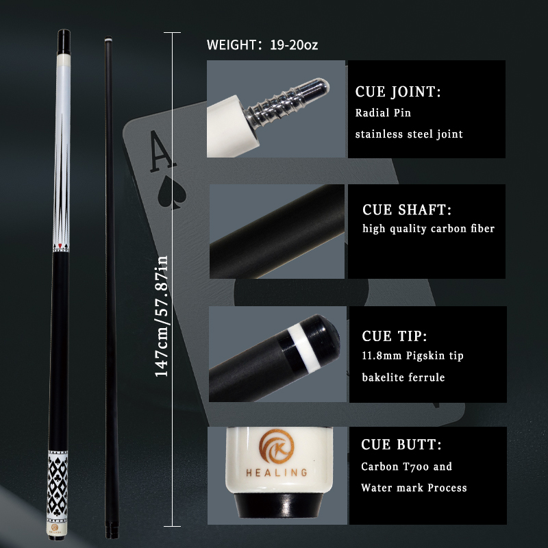 OKHEALING 1/2 Split Pool Cue Poker Billiard Stick Carbon Fiber Billiard Cue 11.8mm Black Bakelite Tip Radial Pin / 8 Teeth Joint 1474mm/58inch Weight 